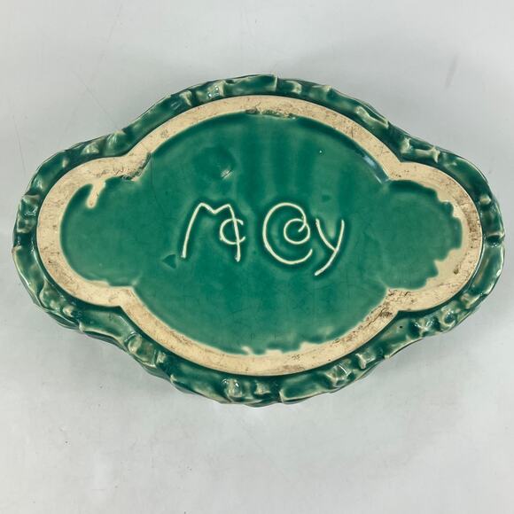 McCoy Pottery Oval Planter Green Bamboo Leaf USA Vintage Mid Century Signed 12” - Picture 3 of 13